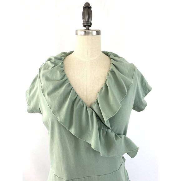 Matilda Jane Light as Air Wrap Dress Green Ruffle Trim Short Sleeve Size Small - Picture 3 of 7
